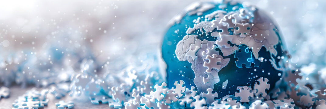 A world autism awareness day banner featuring an abstract blue model of the Earth made of white puzzles.