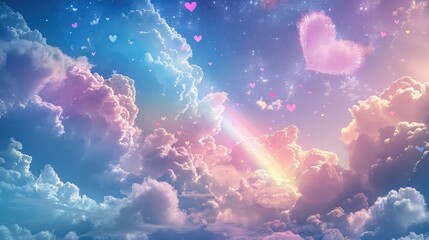 Fototapeta na wymiar Enchanting Rainbow Hearts Floating in Ethereal Clouds with Celestial Glow