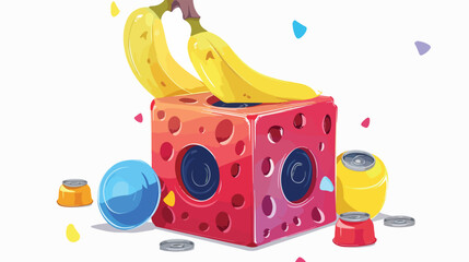 Scramble cube with soda caps and banana fruit icon ove