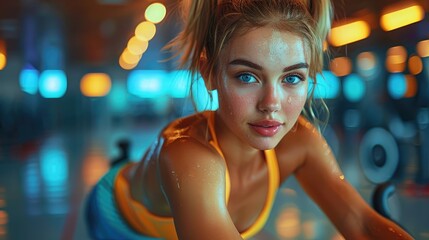 A person taking a cycling class in a fitness studio.