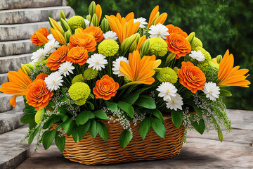 A bouquet with white, yellow, orange, and green mixed flowers