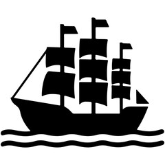 Black and white illustration of a vintage ship, surrounded by flying birds, evoking a sense of adventure and exploration on the high seas.