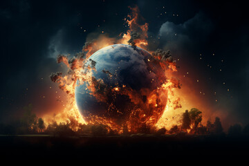 Illustration of the planet Earth burning. Global warming and climate change concept.	