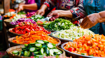 Obraz premium Vibrant outdoor market with fresh, colorful vegetables on display; customers' hands selecting produce.