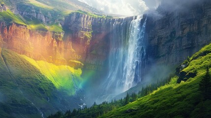 Majestic Rainbow Waterfall Cascading from Lush Cliffs into a Serene Forest Stream - obrazy, fototapety, plakaty