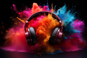 Headphone and vivid color powder. Creative music and festival concept. Generative Ai.	
