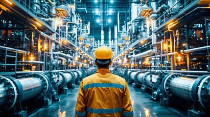 Worker in yellow hard hat surveys industrial interior with large pipes and steel structure at a manufacturing plant.
