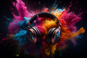 Headphone and vivid color powder. Creative music and festival concept. Generative Ai.	

