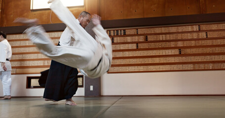 Japanese students, throw or sensei in dojo to start practice lesson, discipline or teaching self...