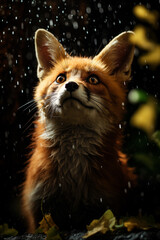 Obraz premium Generative Ai of a fox in a dark forest while raining