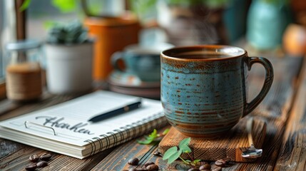 A way to show appreciation: a hot cup of coffee, a notebook to write a thank-you note in, and a colorful drawing to express gratitude.