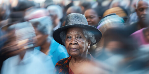 A senior woman wearing a hat is in sharp focus, set against a blurred crowd in the background - Powered by Adobe