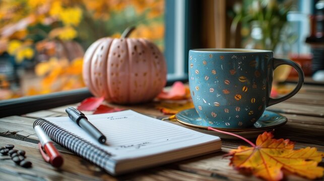 A way to show appreciation: a hot cup of coffee, a notebook to write a thank-you note in, and a colorful drawing to express gratitude.