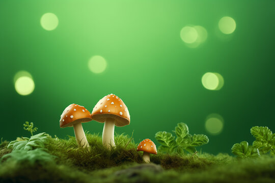 Generative Ai of cute little red mushrooms against green background. 
