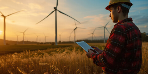 An engineer with a tablet monitors the operation of wind turbines