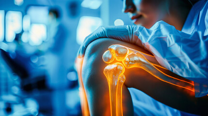 A person holding their knee with an overlaid image of the skeletal structure highlighting bones in a medical or educational setting.