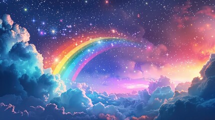 Radiant Rainbow and Clouds Against Starry Celestial Backdrop in Vibrant Dreamlike Setting
