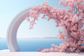 Generative AI of a cherry blossom flowers arch and a blue background - 779737148