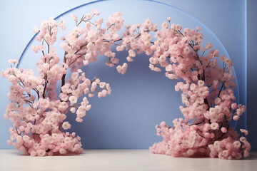 Generative AI of a cherry blossom flowers arch and a blue background - 779737153