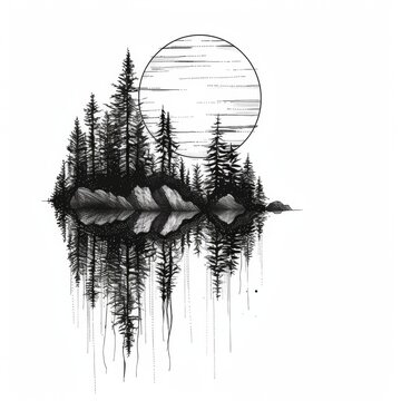 Silhouetted forest or landscape scene composed of minimal linework tattoo design