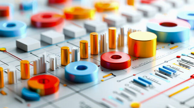 3D colorful pie charts, bar graphs, and line charts representing data analysis or business statistics on a white background.