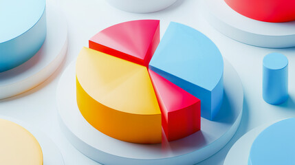 Obraz premium 3D illustration of colorful pie chart and various geometric shapes on a white and blue gradient background. Data visualization concept.