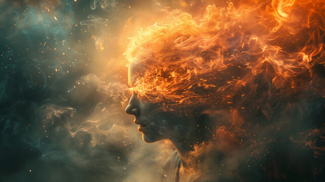 Conceptual image of a person with head exploding in flames, representing anger, stress.