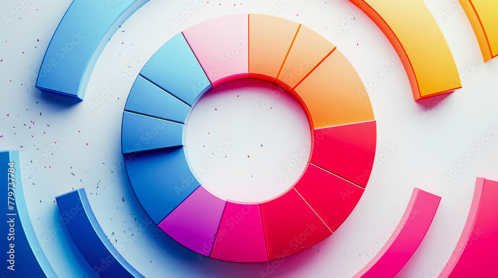 Sticker 3d pie chart in vibrant colors against a blue and white gradient background with light shadow and sp