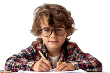 Photo portrait of elementary school boy in eyeglasses diligently writing isolated on white background