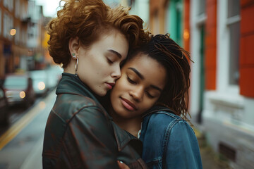 Naklejka premium Woman couple hugging on the street