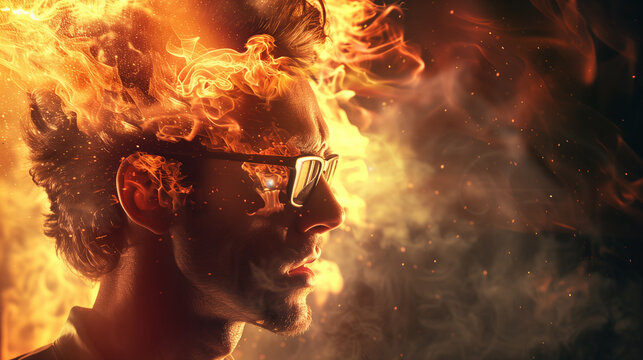 Conceptual image of a person with head exploding in flames, representing anger, stress.