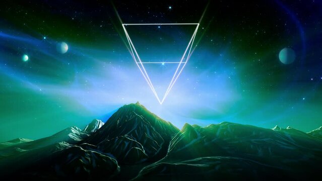 80s retro futuristic loop. Rotating neon wireframe pyramid, aurora lights and  planets in night sky with twinkling stars, above snowy mountains. Green version.