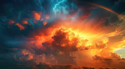 Dramatic Stormy Skies with Vibrant Rainbow and Powerful Lightning Bolt - obrazy, fototapety, plakaty