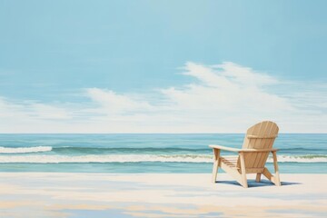 A serene beach scene in minimalist style, featuring a solitary beach chair positioned on the smooth sand. The chair faces the calm ocean, with soft waves gently lapping the shore.