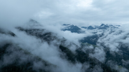 Beautiful high altitude foggy forest mountain landscape