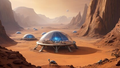 Fototapeta na wymiar Futuristic Martian colony with domed habitats in a desert landscape, with an Earth-like planet visible in the sky. AI Generation