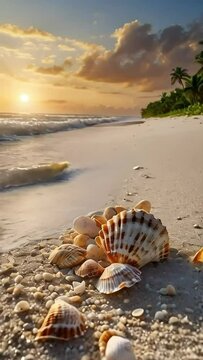 A beach scene with a large shell on the sand