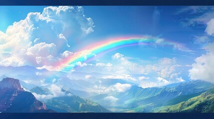 Majestic Rainbow Arching Over Rugged Mountain Peaks and Ethereal Cloud Formations in Breathtaking Landscape