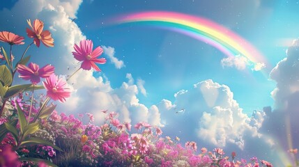 Fototapeta na wymiar Vibrant Rainbow Arching Over a Lush Meadow Filled with Blooming Flowers in the Soft Clouds of a Dreamlike Landscape