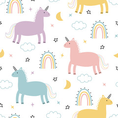 Cute Unicorn Pattern Rainbows Clouds and Stars for Fabric, Wallpaper