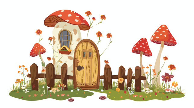Stock photo mushroom house with fence flowers. flat vector