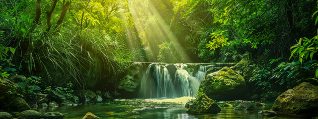 A beautiful, serene forest scene with a small stream running through it