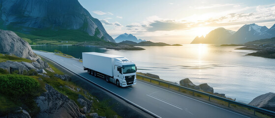 A white semi-trailer drives along a coastal road with majestic mountains