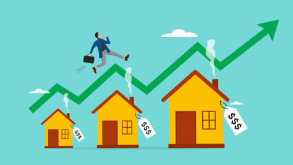 real estate or property growth concept, Housing price rising up, businessman running on rising green graph on house roof concept vector illustration