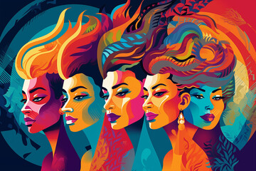 Colorful Unity: Diverse Women's Profiles in Vivid Vector Art