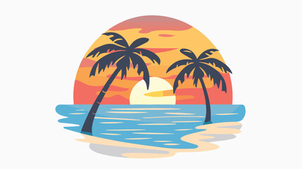 Sunset over sea and beach flat design travel emblem ic