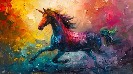 Obraz na płótnie Canvas Abstract oil unicorn, palette knife technique, body in rainbow hues, against a colorful backdrop with dramatic highlights and lighting