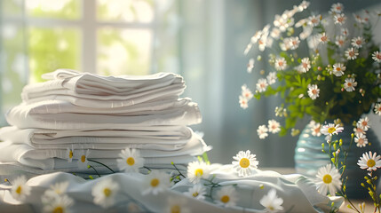 Folded laundry stacked on table with floral decor - Ai generated