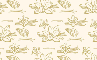 Isolated vector set of vanilla. Gold vanilla sticks, vanilla flower and pods. Aroma, food, cookery. Hand drawn. Vector pattern illustration of vanilla flower, bean and pods on isolated background.