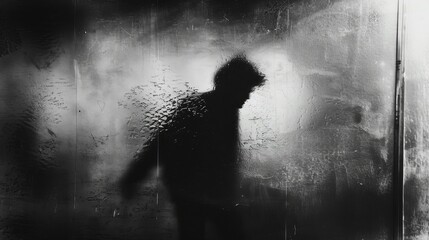 A shadowy blur of a menacing figure is depicted behind frosted glass, creating a sense of horror and mystery in a black and white picture with added noise and grain effects